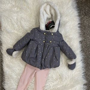 Cynthia Rowley Jacket Coat Set 12M | Baby Gray Stars Hood Puffer Mittens & Pants